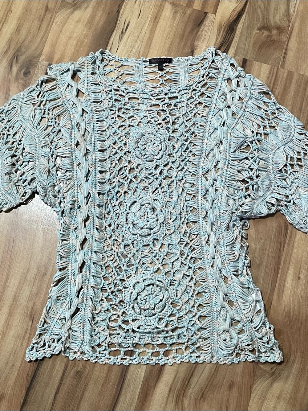 Miracle City Crochet Short Sleeve Top Light Blue/Pink  Open Knit Cottagecore M/L